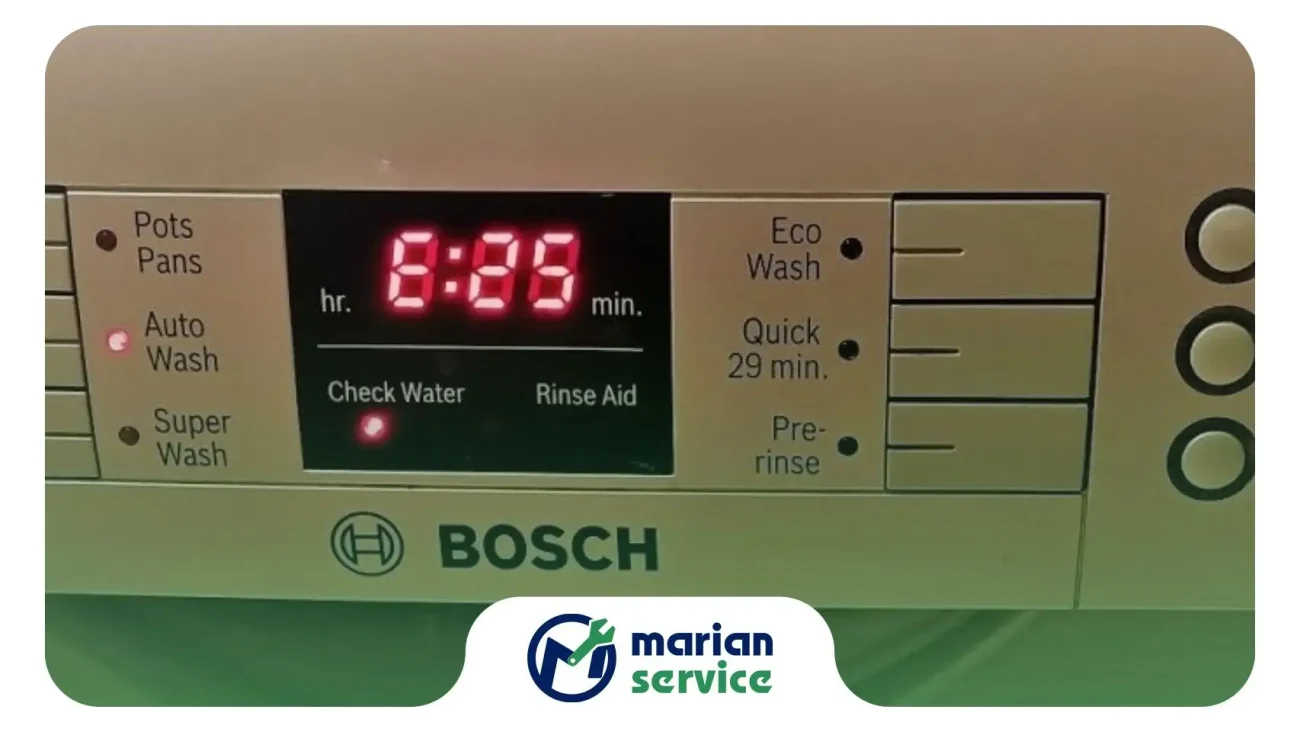 نمایش کد خطای E25 همراه با چراغ check water در ماشین ظرفشویی بوش