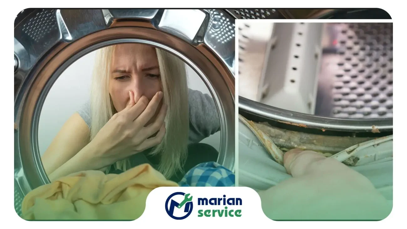 کاربر در حال گرفتن بینی به دلیل بوی فاضلاب شدید از ماشین لباسشویی